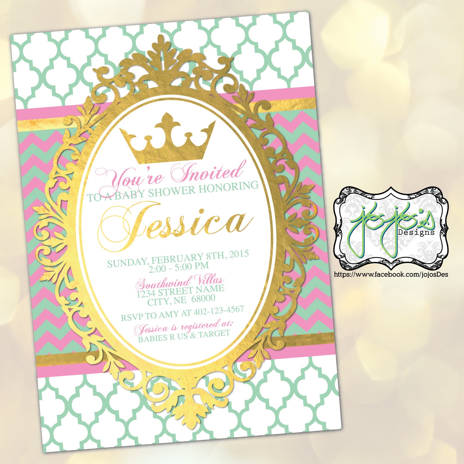 Royal Baby Girl Baby Shower Invitation Mint Pink by jojosdesigns