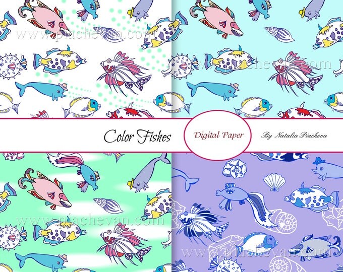 Digital Paper with Color Fishes, fish, water, sea, ocean, marine, waves, fishing
