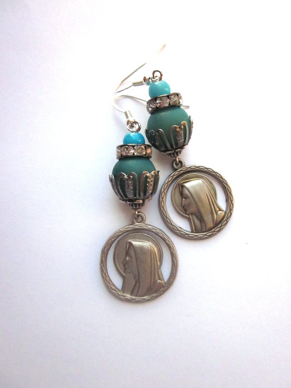 Religious Earrings with Vintage Medals Virgin by JeepersKeepers