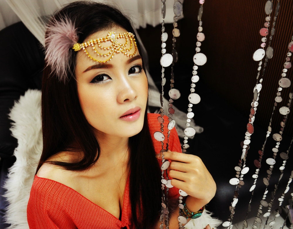 Feather Hair Chain Gold Rhinestone Headband Gypsy Head Piece Bohemian