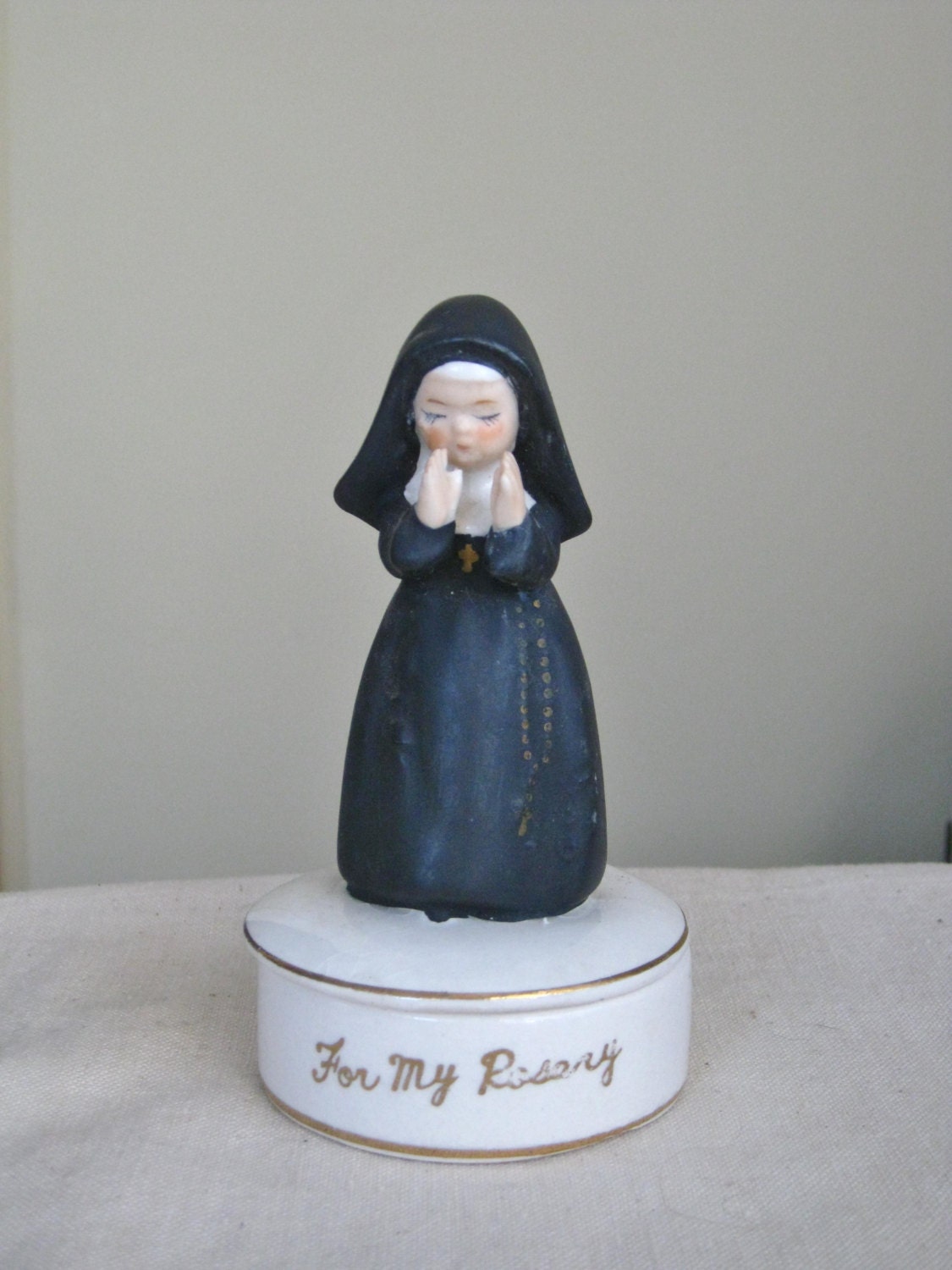 Vintage Porcelain Nun Figurine Porcelain Rosary Trinket Box