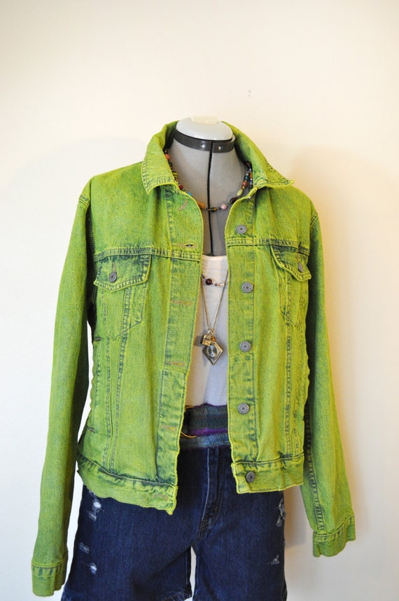 Lime Large Denim JACKET Chartreuse Green Hand Dyed Upcycled