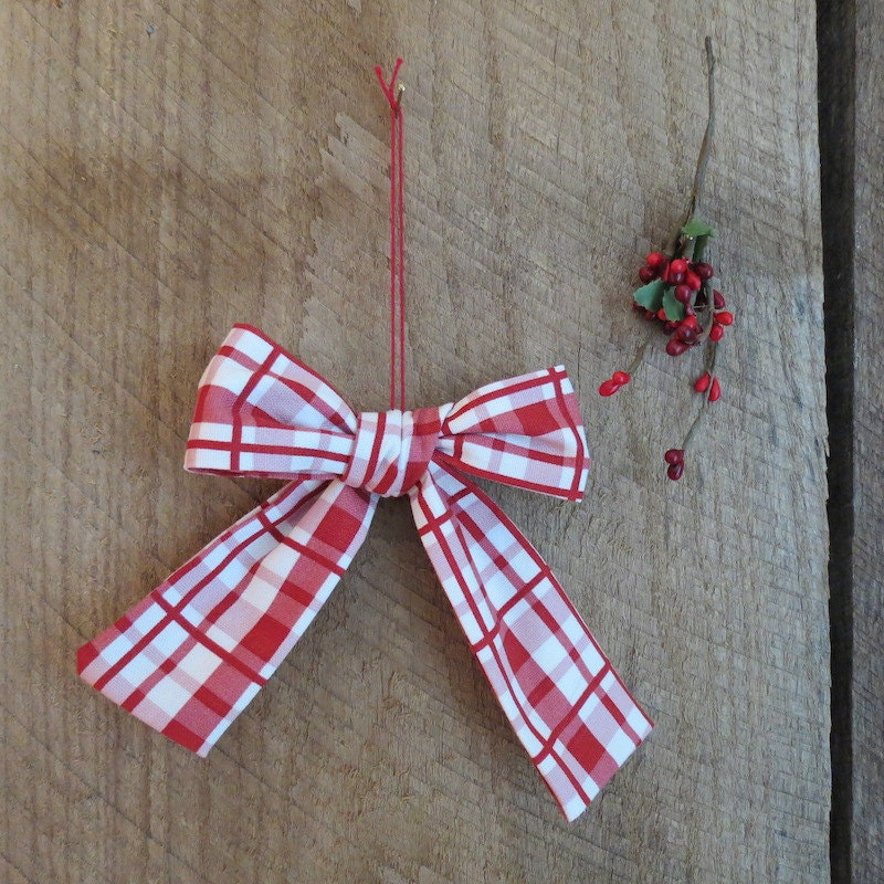 Red and White Plaid Christmas Bow Ornament / Red White bow / Bow / Plaid / Christmas tree / small wreath bow / ornament / READY TO SHIP