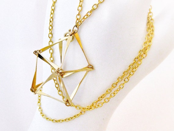 Gold Geometric Pentagon Cage Necklace Abstract Prism Triangle