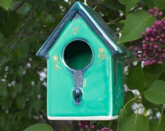 Ceramic Hanging Mint Green Blue Bird House, Handmade Pottery Bird house READY to SHIP