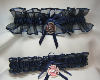 FIREFIGHTER Wedding garters Navy Blue Garter set fireman garter