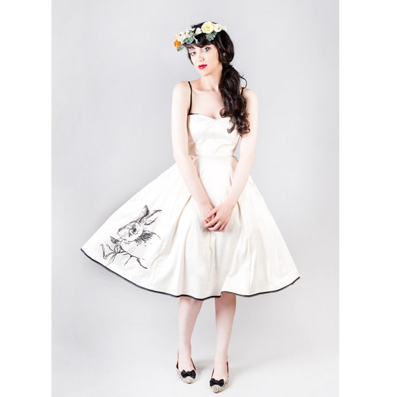 Items similar to Tea length ivory satin wedding dress with a rabbit