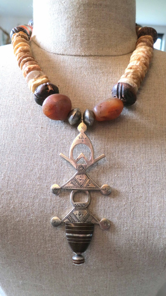 African Moroccan cross necklace with ancient quartz beads