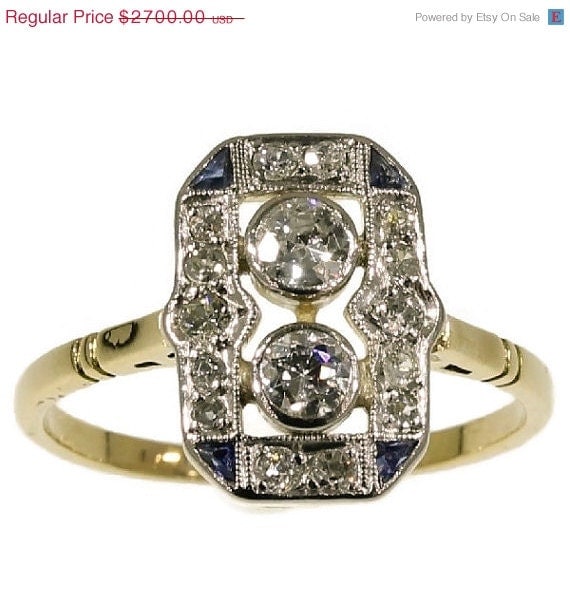 FOR SALE Art Deco Engagement Ring Diamonds Sapphires Yellow Gold ref ...