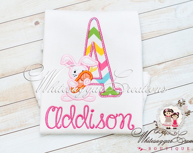 Baby Girls Easter Bunny Alpha Appliqued Shirt - Custom Initial with Bunny Personalized shirt - Easter Toddler Shirt - Bunny Shirt