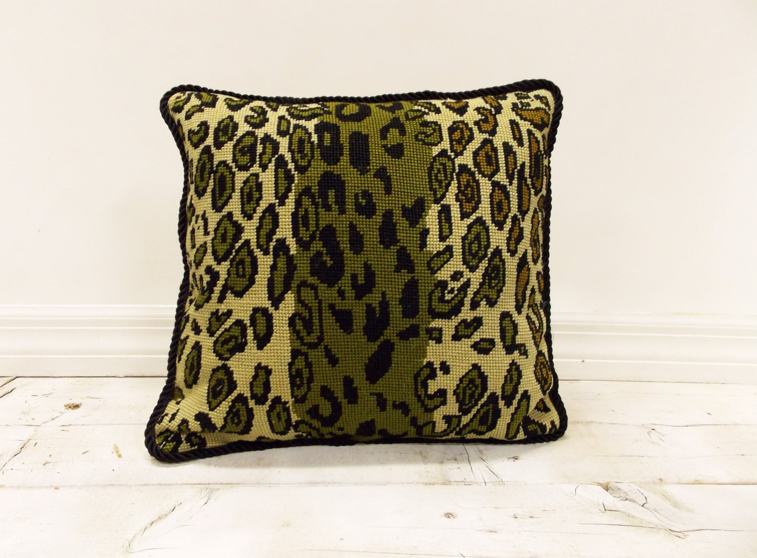 Vintage Unique Animal Print Needlepoint Pillow Striking Sage