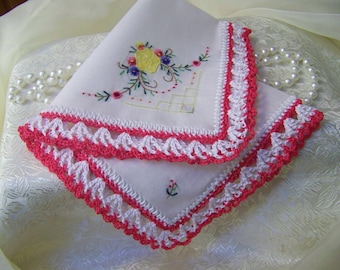 Ladies Handkerchief, Hanky, Hankie, Lace, Hand Crochet, Embroidered, Floral, Personalized, Monogrammed, Ready to ship, Pink, Bright