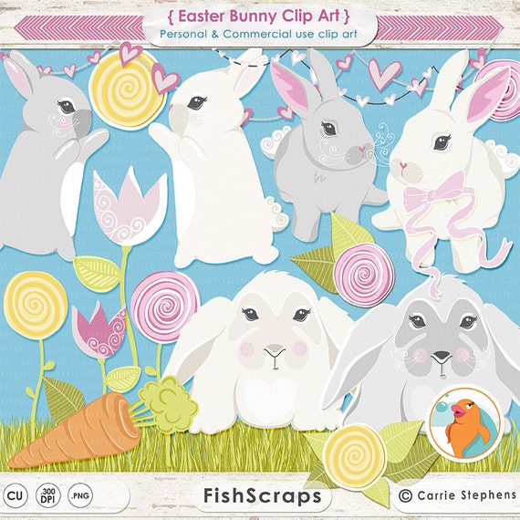 Cute Easter Bunny Clip Art, Rabbit Digital Graphic, Spring ClipArt, Easter Card Making, Digital Scrapbook, CU Illustration Il_570xn