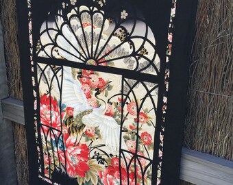 Crane in the Window Aplique Asian Fabric Wall Hanging Quilt