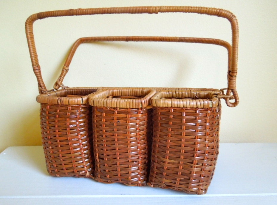 Vintage Flatware Caddy Wicker Silverware Holder Basket