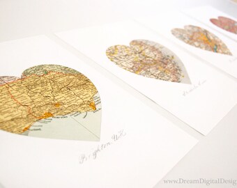 CUSTOM Map Art, 4 Map Prints, Personalized Wedding Gift, Anniversary Gift, Heart Map, Wall Decor