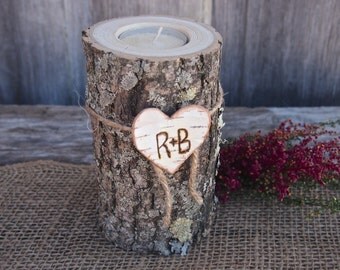 Personalized WOODEN Candle Holder - Wood - Rustic Country Wedding - Brown - White Birch Heart