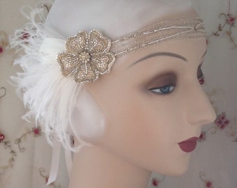 1920s flapper headdress or edwardian headband with flower of silver beads with white feathers - lana