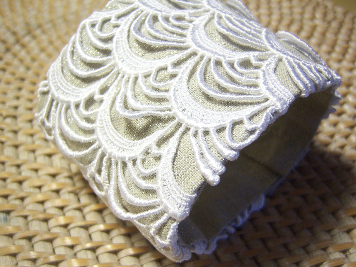 Sale Handmade Fabric Wrist Cuff Bracelet White Lace Silver