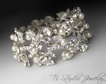 Silver Pearl Cuff Bridal Bracelet with Rhinestones and Crystals - White or Ivory Pearls - DENISE