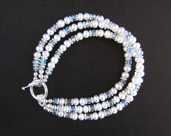 Three Strand White Freshwater Pearl Bracelet White Freshwater Pearl Wedding Bracelet Crystal and White Pearl Bridal Bracelet