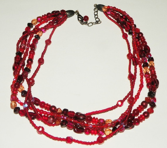 Red and Pink Glass Multi Strand Beaded Necklace by Eosophobish