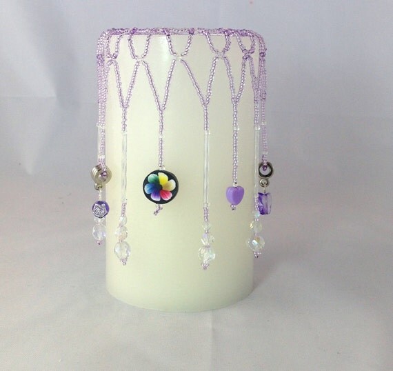 Candle cover for a 3 X 5 candles. Lavender beaded by SueMatzke