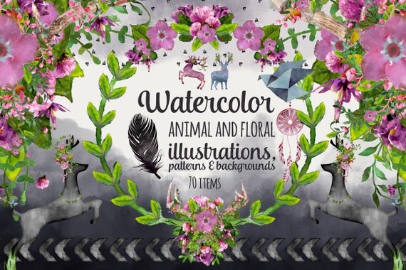 Watercolor Digital paper, Digital Clipart - Instant download - Animals Deer, Floral Flowers, Antlers, Backgrounds