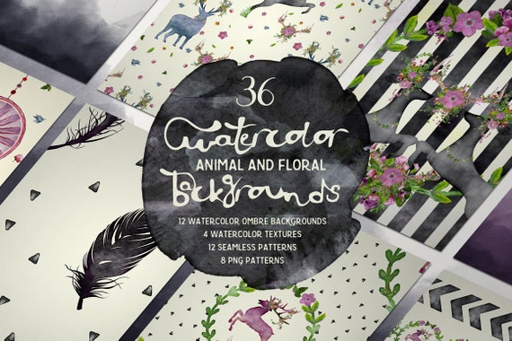 Watercolor Digital Backgrounds and Seamless Patterns - animals, flowers, stripes and ombre - Digital paper