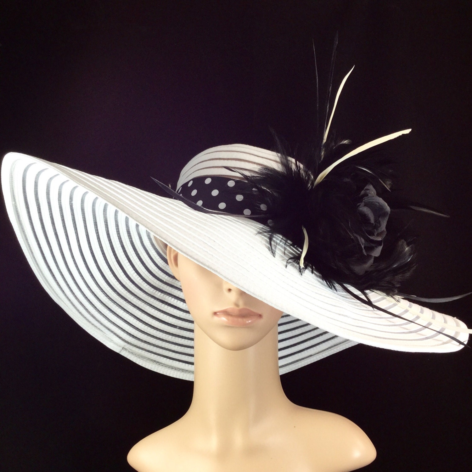 Black Rose Kentucky Derby Hat Fascinator Wide Brim White