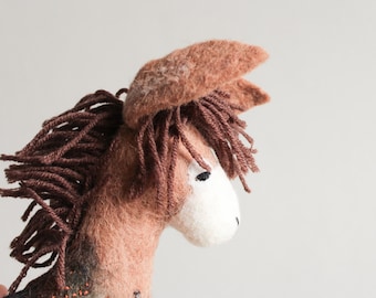 Felt Donkey - Bohdan. Handmade Felt Toy. Art Toy. Felted Animals, Stuffed toy, Marionette, Puppet. brown beige toffee. MADE TO ORDER.