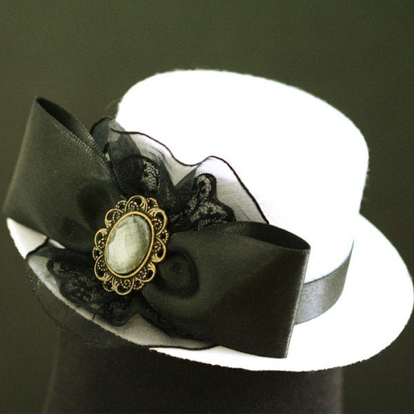 white mini top hat headband fascinator black bow by MiniTopHat