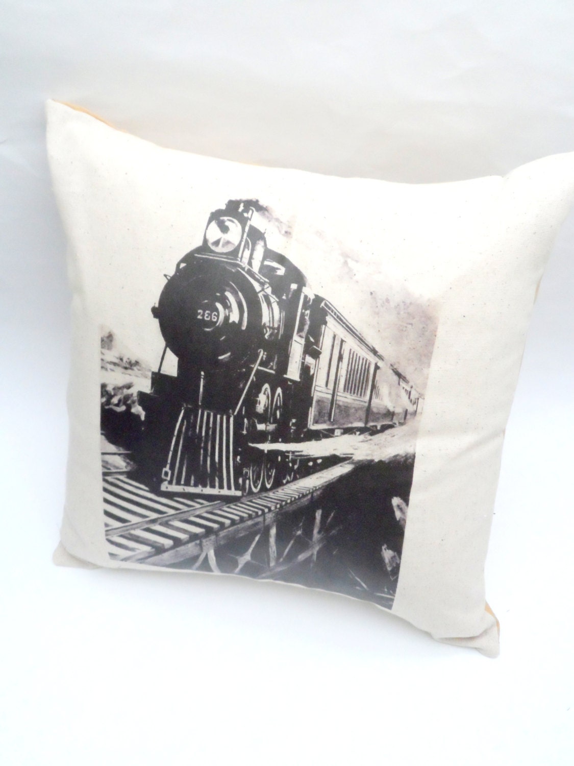 Train Pillow Case 14X14 Slipcover Cream by ellebeetree