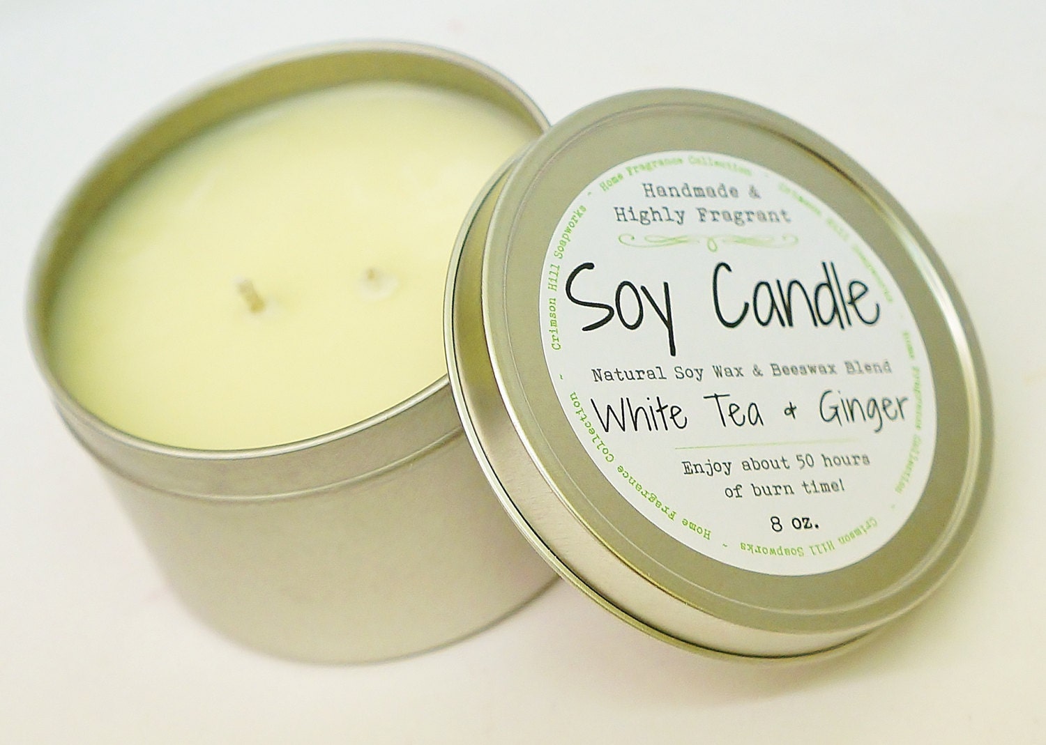 White Tea & Ginger SOY CANDLE TIN 8 oz Beeswax fragrance