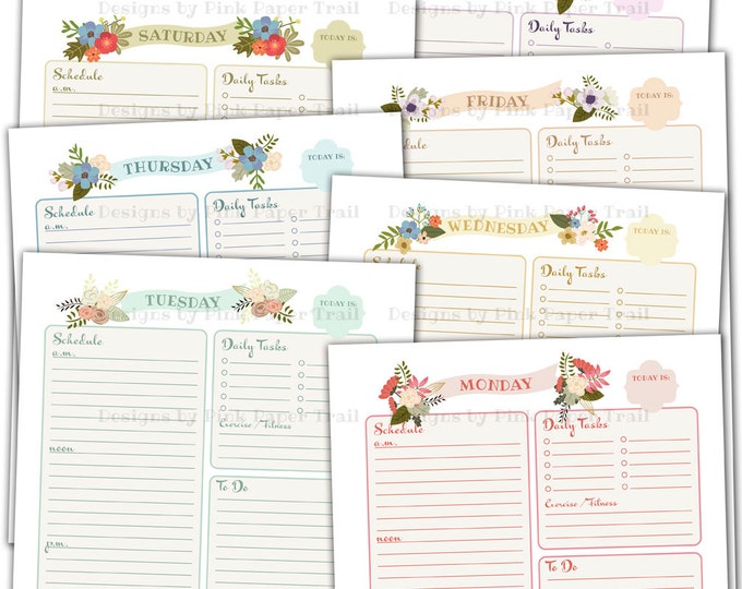 Shabby Chic Floral Daily Planner - A4 size - Back to Back Printable - Instant Download