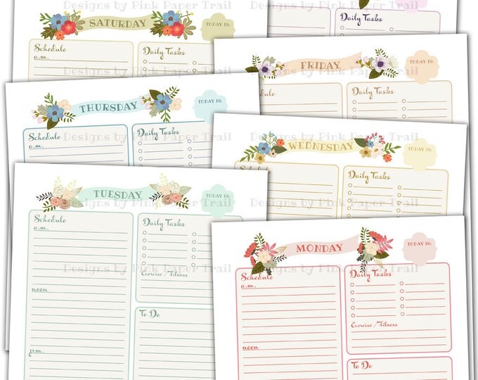 Shabby Chic Floral Daily Planner - A4 size - Back to Back Printable - Instant Download