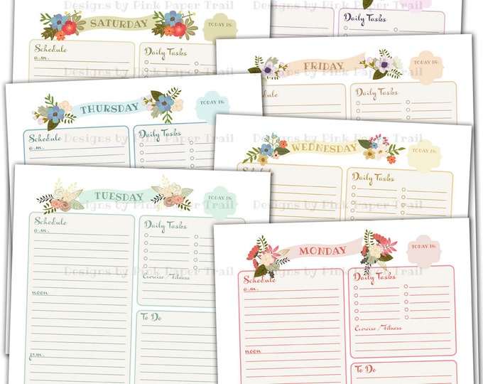 Shabby Chic Floral Daily Planner - Letter (8.5x11") size - Back to Back Printable - Instant Download