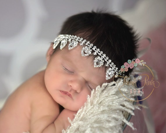 Rhinestone headband,Flower Girl Headband, Crystal Headband, Christening Headband, Baptism headband, Bling Headband, Newborn Baby Headband. by ThinkPinkBows