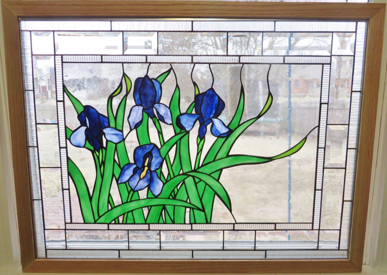 Stained Glass Window Panel Glass Art Purple Blue Iris Flowers