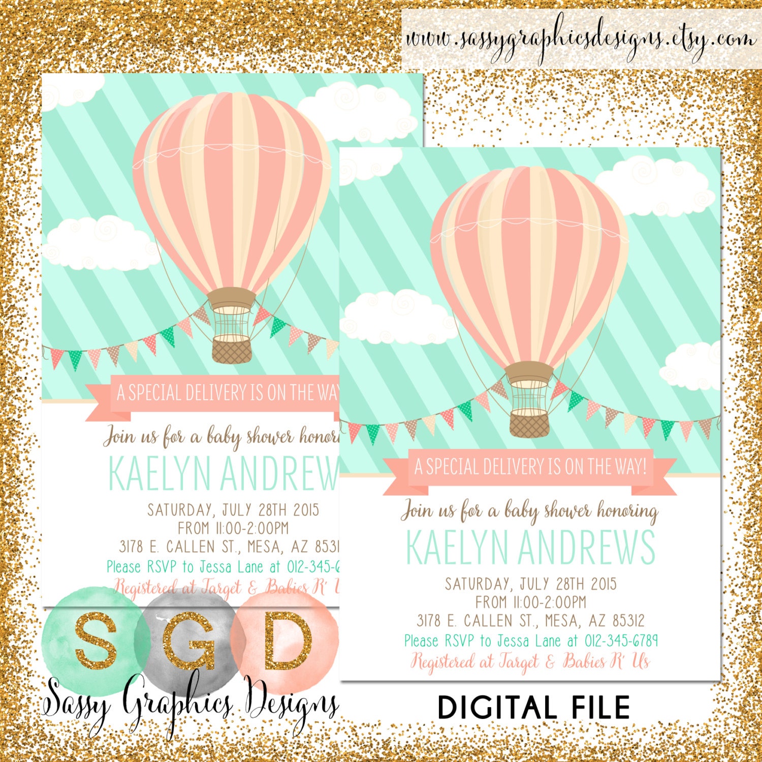 Hot Air Balloon Baby Shower Invitation by SassyGraphicsDesigns