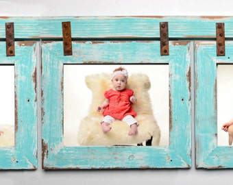 Barnwood Collage Turquoise Frame 3) 5x7 Multi Opening Frame-Rustic Picture Frame-Reclaimed-Landscape or Portrait-Collage Frame-Collage Frame