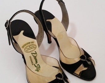 Vintage 1950s Black Velvet and Clear Peeptoe Slingback Heels // 50s Pumps // Size 4.5