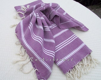 Turkishtowel-Set of 2-Hand woven Peshkirs-Hand towels,Tea towels,Dish towels,Neck Warmers,Bath Towels-White stripes on purple