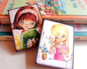 Big Eyed Kids Fridge Magnets * Keane Kids Girls With Flowers Arranging A Bouquet Carrying a Bouquet Blonde Girl Brown Hair - Set Of 2 Lg