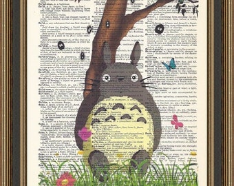 Totoro sitting under a tree illustration printed on a vintage dictionary page. Playroom poster, Nursery Print, My neighbor totoro poster.