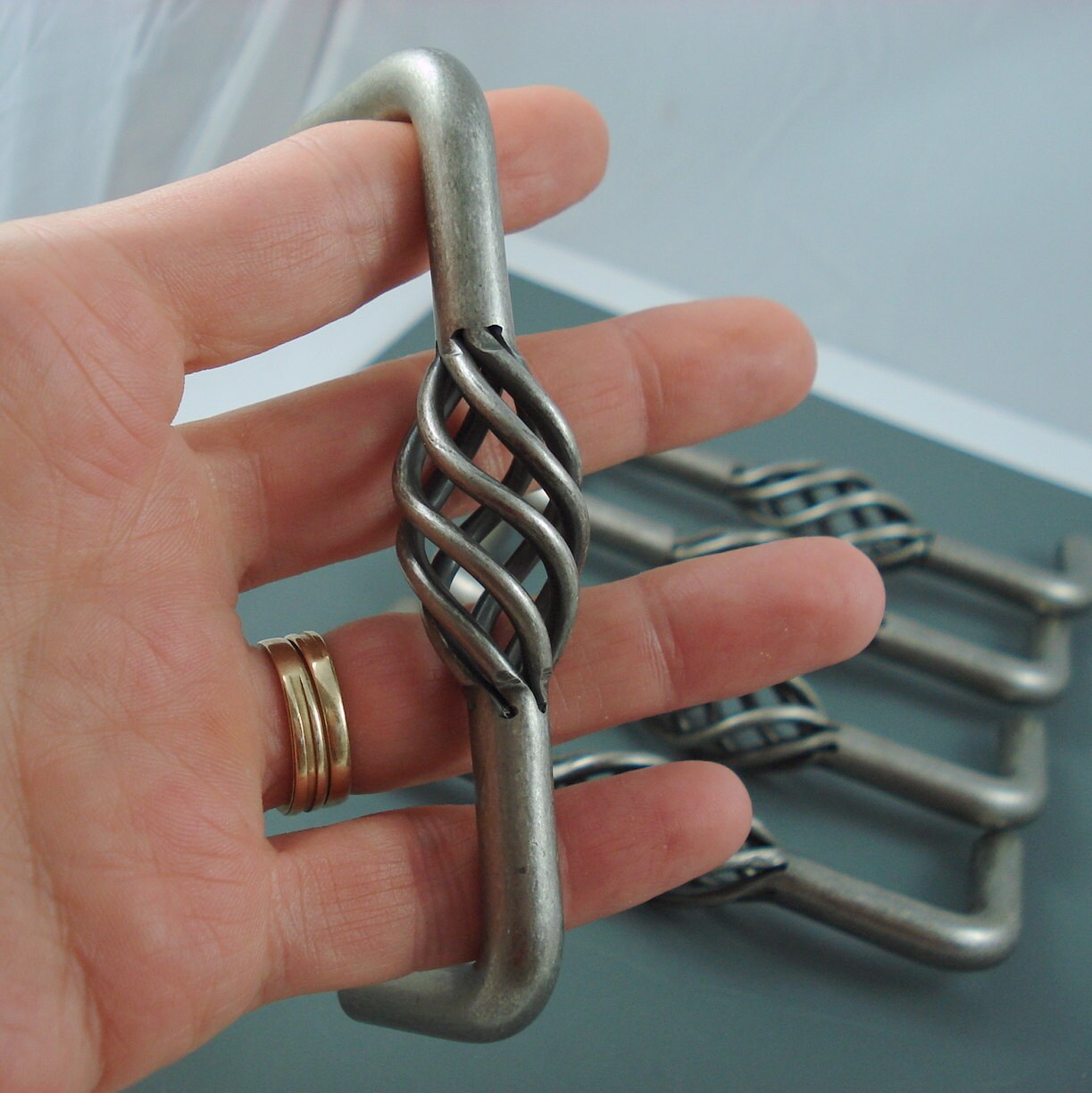 Set of Five Liberty Hardware Pewter Birdcage Pulls, Two Knobs Included