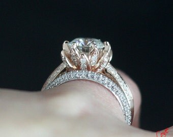 white sapphire lotus flower engagement ring set 3 sided band 2ct 8mm 14k 18k white yellow - Lotus Wedding Ring white sapphire lotus flower engagement ring set 3 sided band 2ct 8mm 14k 18k white yellow - Lotus Wedding Ring