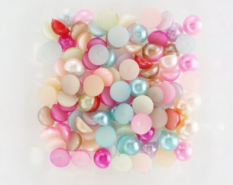 100pcs - 6mm Jewel Bright Colored Mixed Flatback Pearls Decoden PM30006
