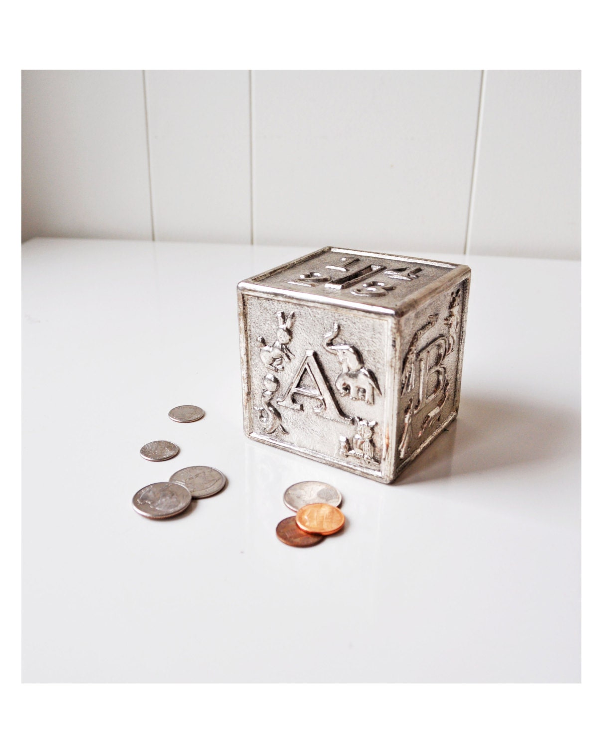 Vintage Silver Baby Block Savings Bank