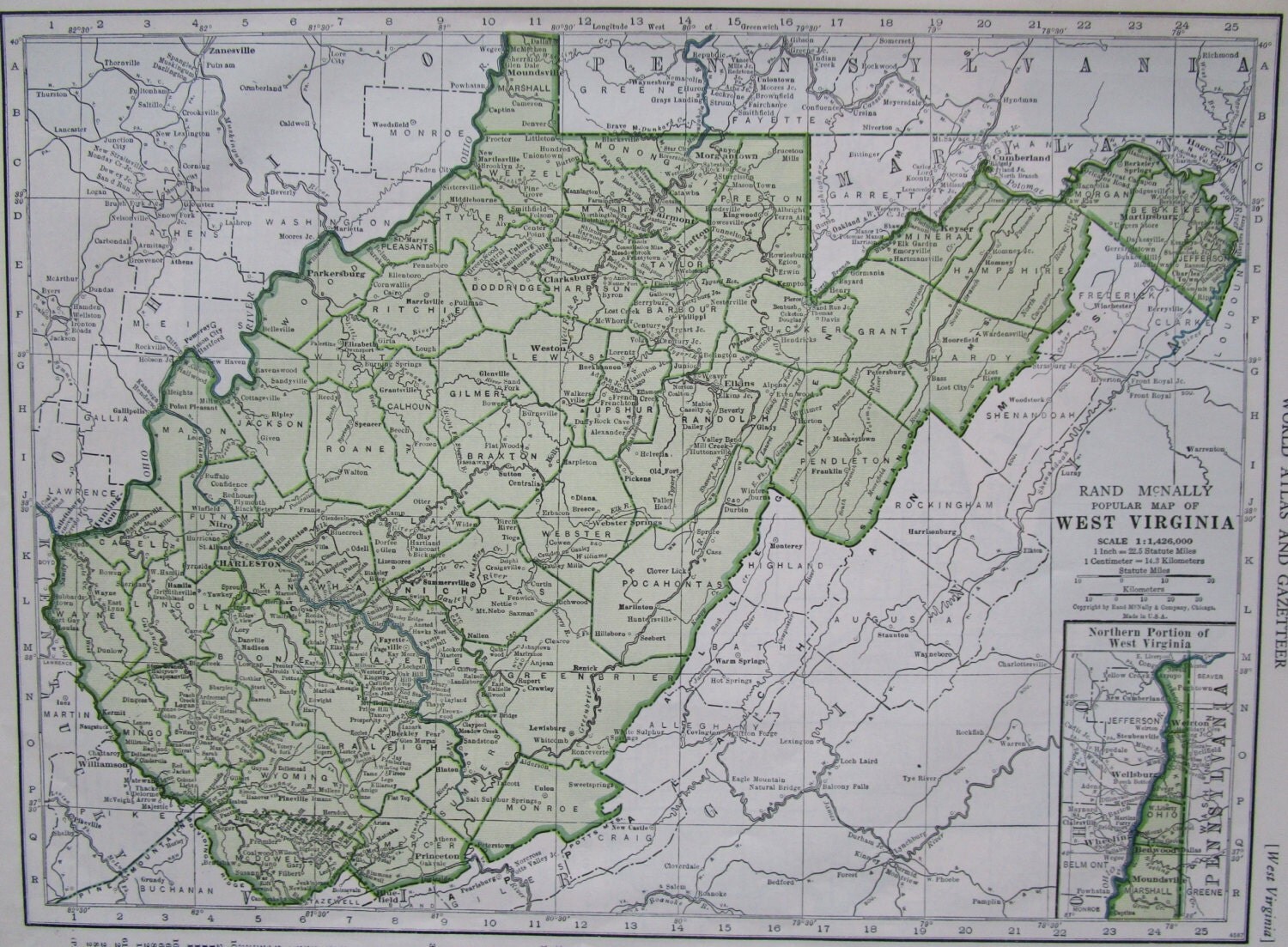 1949 WEST VIRGINIA Map. Original 1940s Green Aqua Rand McNally